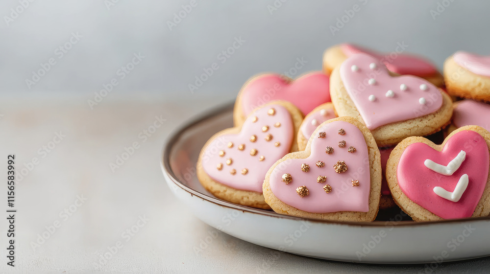 Fototapeta premium Delicious heart shaped cookies decorated with pink icing and white accents, perfect for celebrations or gifts. These treats bring joy and sweetness to any occasion