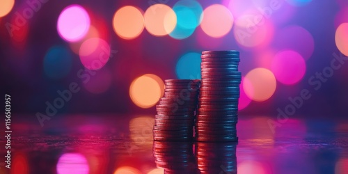 Stacks of coins in ascending order with a blurred colorful bokeh background symbolizing finance growth and business investment opportunities