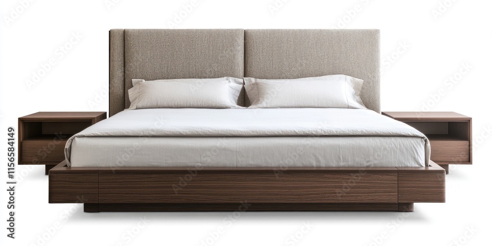Modern Minimalist Bed with Upholstered Headboard and Stylish Nightstands on White Background for Home Decor and Interior Design Concepts Modern Minimalist Bed with Upholstered Headboard and Stylish Nightstands on White Background for Home Decor and Interior Design Concepts