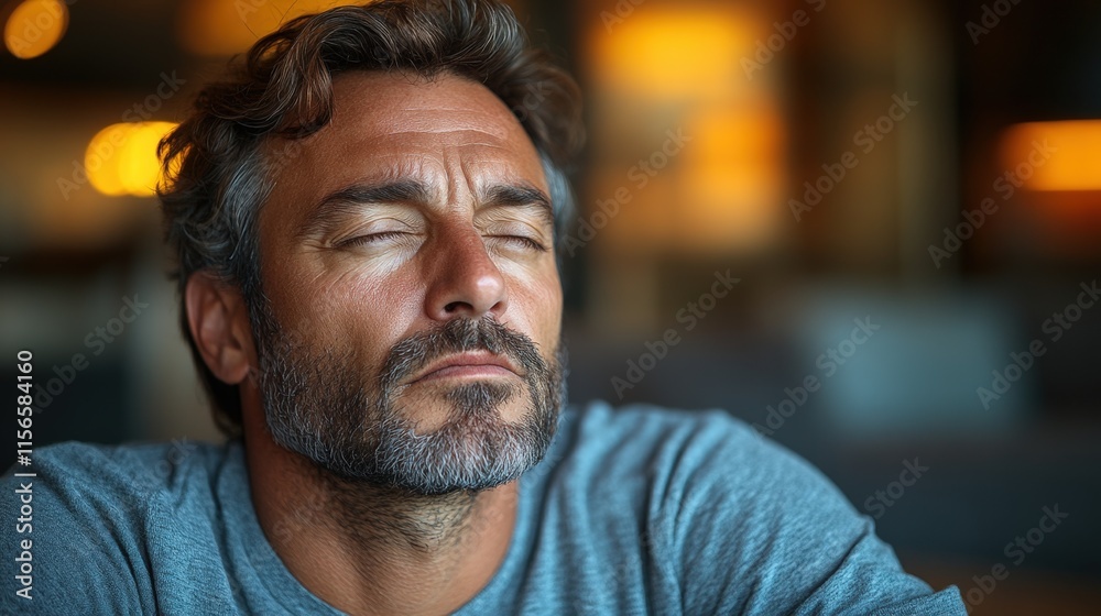 Close-up portrait of a middle-aged man with eyes closed, appearing calm and relaxed in a dimly lit room. Close-up portrait of a middle-aged man with eyes closed, appearing calm and relaxed in a dimly lit room.
