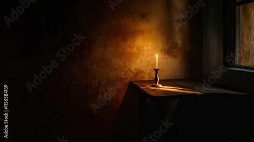 Dark room with single candle flickering on wooden table, casting soft shadows on walls, silent atmosphere emphasizing absence of electric light and power.