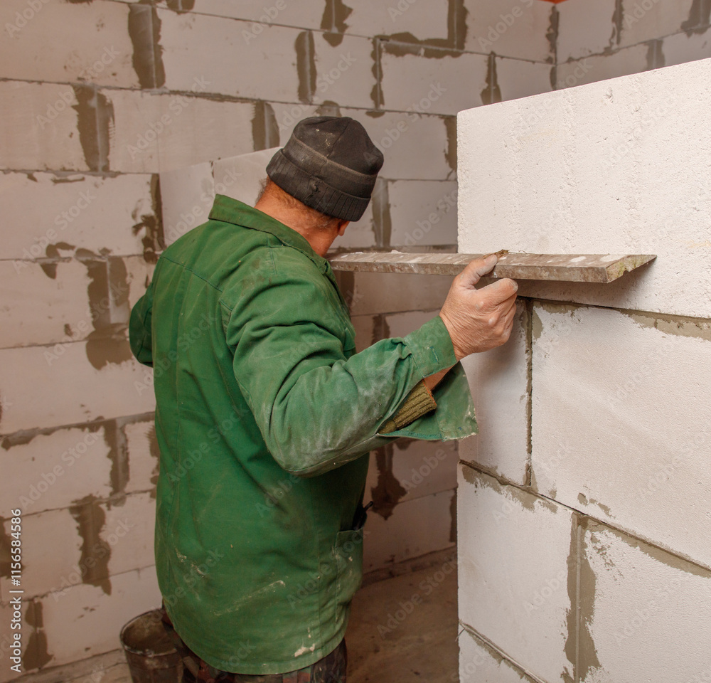 A man in a green jacket is working on a wall A man in a green jacket is working on a wall