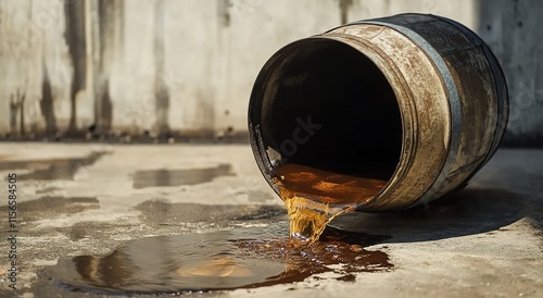 A barrel of brown liquid is pouring out onto the concrete floor. The amber oil is dripping down and spilling over in small puddles onto a smooth surface.