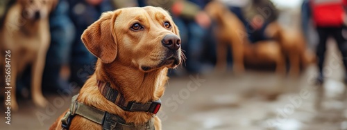 Search and rescue dog focused and attentive during briefing at disaster site with empty space for text and other dogs in background photo