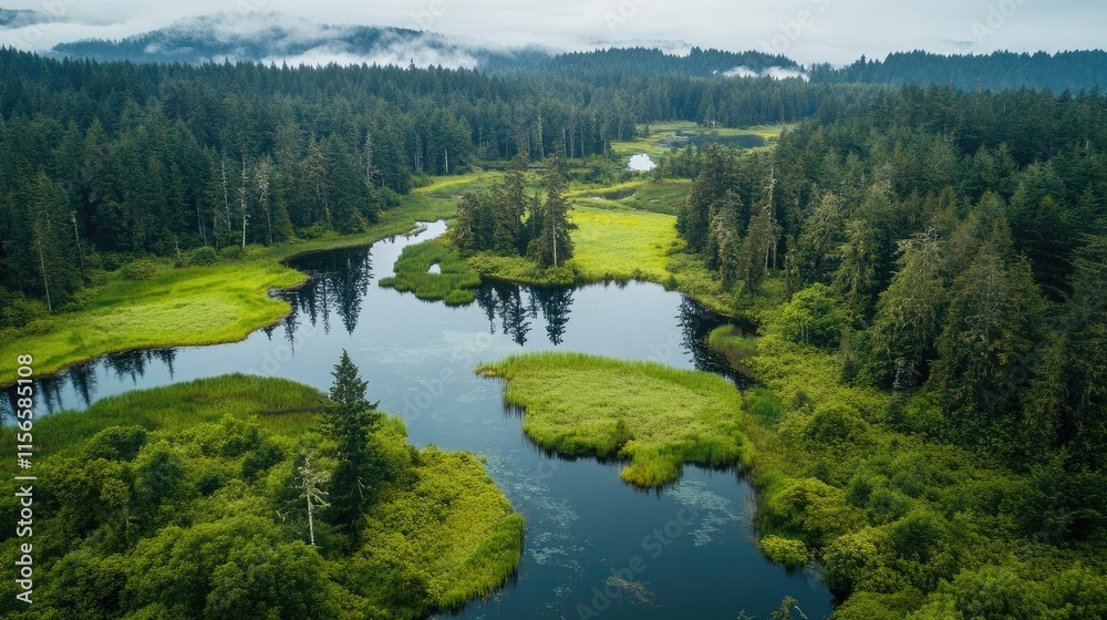 Obraz premium Serene delta wetlands surrounded by lush forests and tranquil waters with ample copy space for text and design purposes