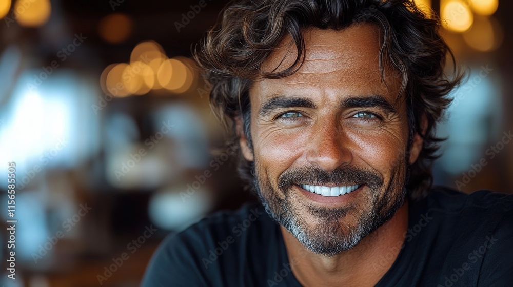 Close-up portrait of a smiling, middle-aged man with curly brown hair and a beard. Close-up portrait of a smiling, middle-aged man with curly brown hair and a beard.