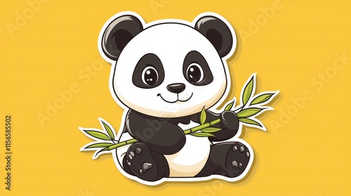 Adorable cartoon panda bear holding bamboo sticks.