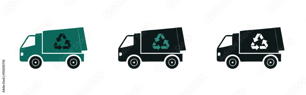 Waste and recycle dumpster lorry in green and black style, recycling concept, waste management Waste and recycle dumpster lorry in green and black style, recycling concept, waste management
