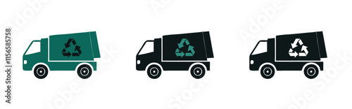 Waste and recycle dumpster lorry in green and black style, recycling concept, waste management 