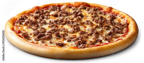 Mouthwatering Pizza Topped with Minced Meat and Cheese on a Clean Background Perfect for Culinary Promotions and Food Menus photo