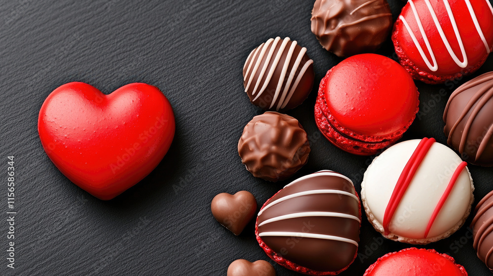 Obraz premium romantic dessert display featuring red macarons and cho te treats, perfect for Valentine Day celebrations. heart shaped macarons add sweet touch to arrangement