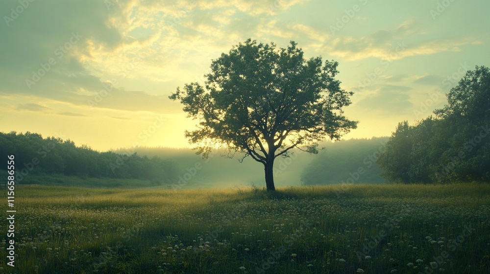 Solitary Tree in a Misty Field at Sunrise Solitary Tree in a Misty Field at Sunrise