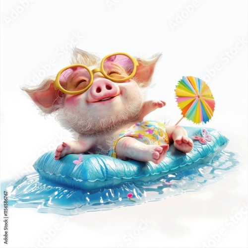 Cute funny pig enjoys summer fun floating on inflatable in bright colors