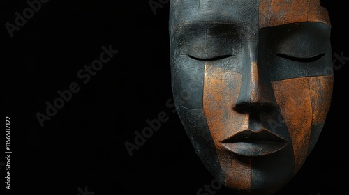 Cubist mask with dark tones on black background providing empty space for creative text and design elements photo