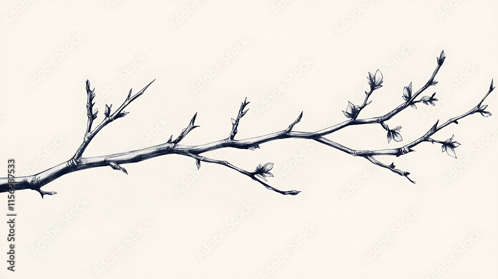 Detailed pencil sketch of a tree branch with buds and thorns. Detailed pencil sketch of a tree branch with buds and thorns.