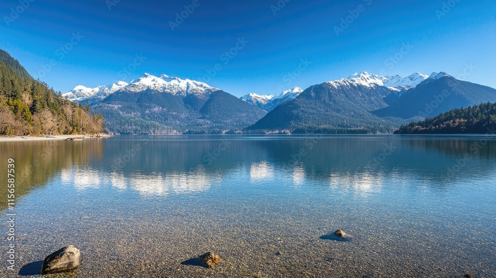 Serene mountain lake reflecting snow capped peaks under clear blue sky with tranquil water and ample space for adding text Serene mountain lake reflecting snow capped peaks under clear blue sky with tranquil water and ample space for adding text