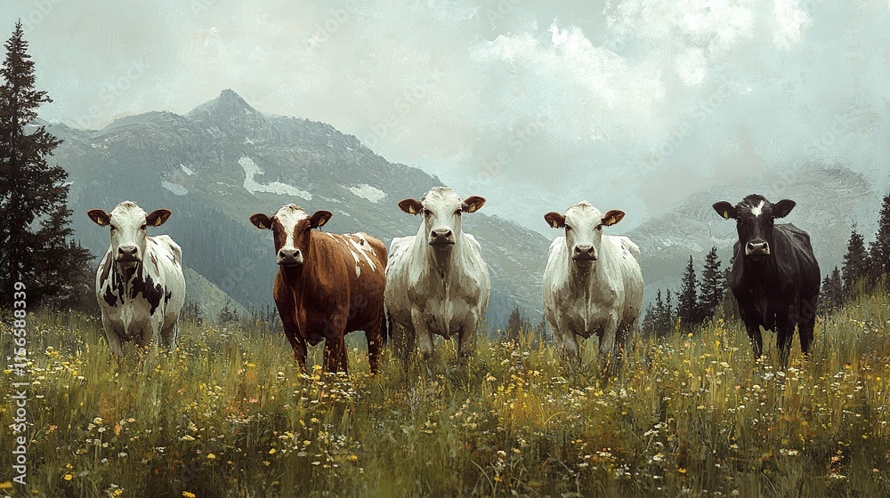 Obraz premium Four Cows in an Alpine Meadow