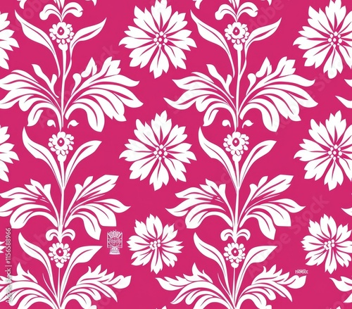A vibrant floral pattern featuring white flowers on a bold pink background.