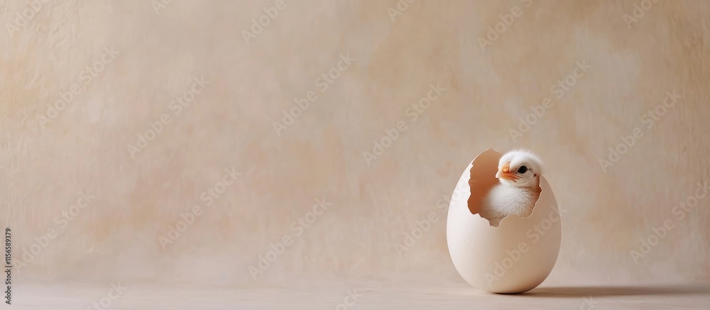 Newly hatched chick breaking free from egg on soft neutral backdrop representing new beginnings with ample copy space for text or design