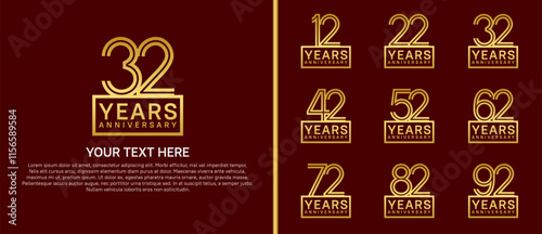 logo anniversary set. gold color with square on red background for special event photo