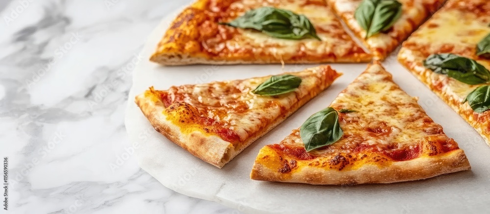 Deliciously Fresh Pizza Slices Topped with Cheese and Basil on Marble Surface with Empty Space for Text or Branding Deliciously Fresh Pizza Slices Topped with Cheese and Basil on Marble Surface with Empty Space for Text or Branding