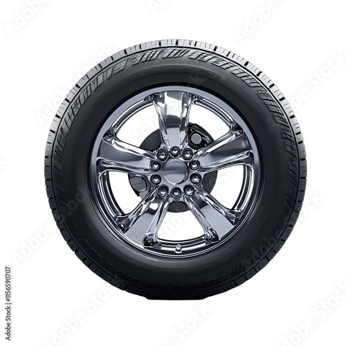 Chrome Alloy Wheel with Black Tire Automotive Part Image photo