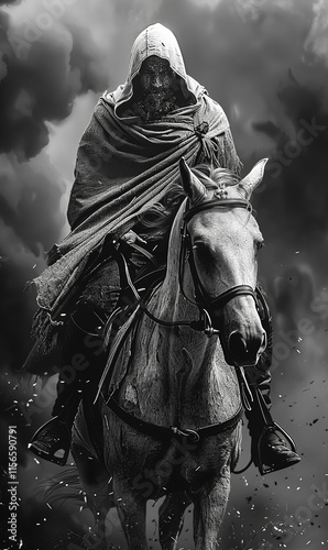 Hooded Warrior on Horseback Riding into Battle