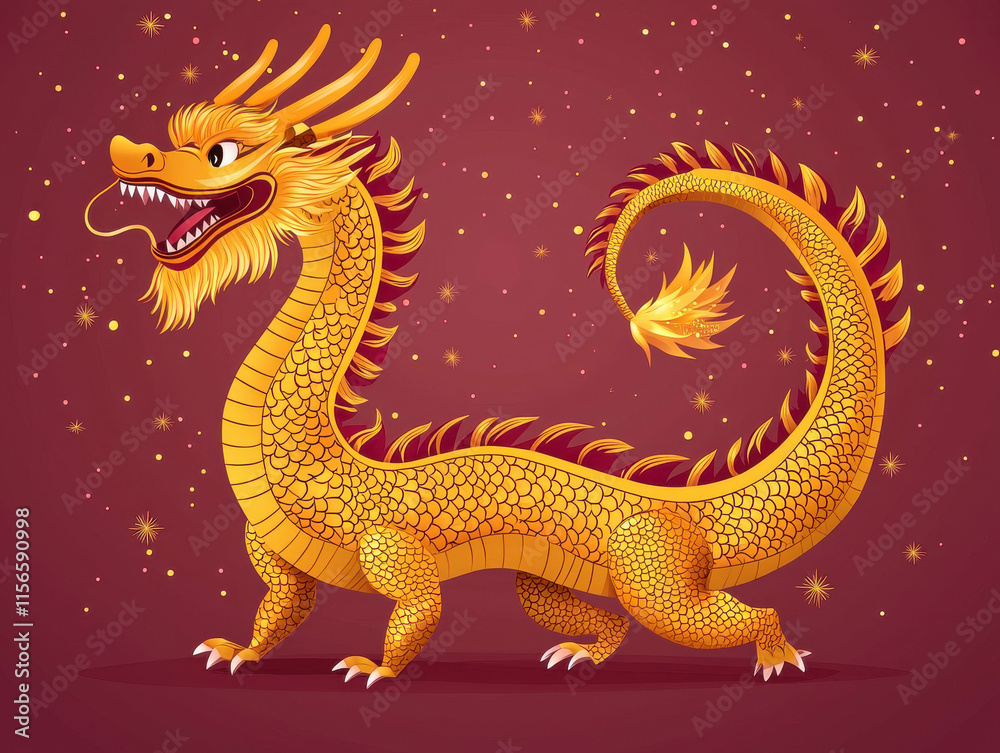Fototapeta premium Golden dragon with maroon background and fiery details