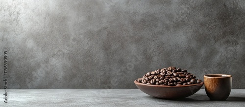 Kahwa Coffee Beans in Wooden Bowl with Empty Space for Custom Text on Rustic Background photo