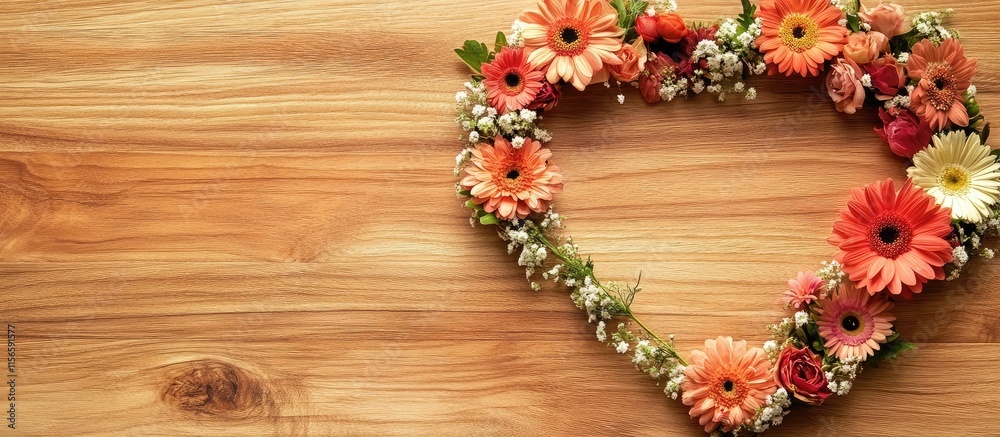 Heart-Shaped Floral Arrangement on Wooden Surface with Blank Space for Text and Messages Heart-Shaped Floral Arrangement on Wooden Surface with Blank Space for Text and Messages