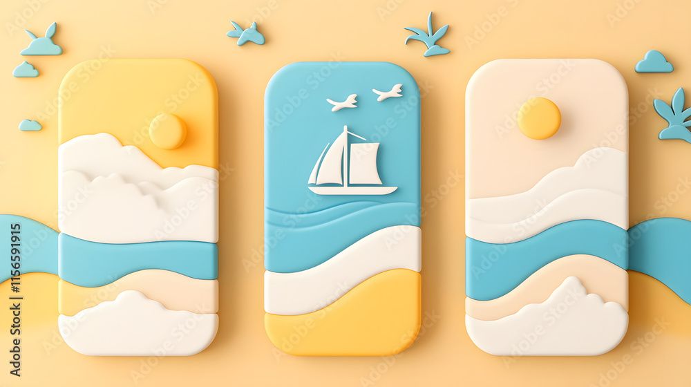 Naklejka premium Colorful abstract coastal scene with waves and sailboat design elements in a playful layout