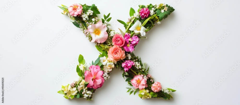 Floral letter X made of vibrant flowers and leaves perfect for garden or floral branding with space for personalized text and messaging Floral letter X made of vibrant flowers and leaves perfect for garden or floral branding with space for personalized text and messaging