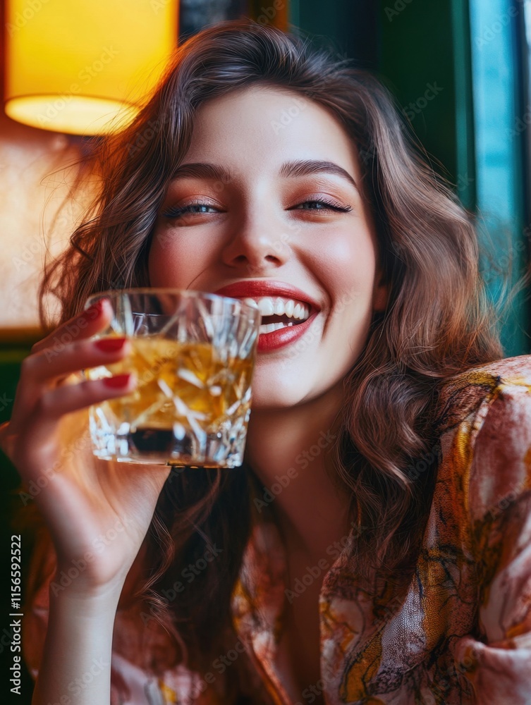 Happy beautiful woman model holding a cocktail glass in her apartment Happy beautiful woman model holding a cocktail glass in her apartment