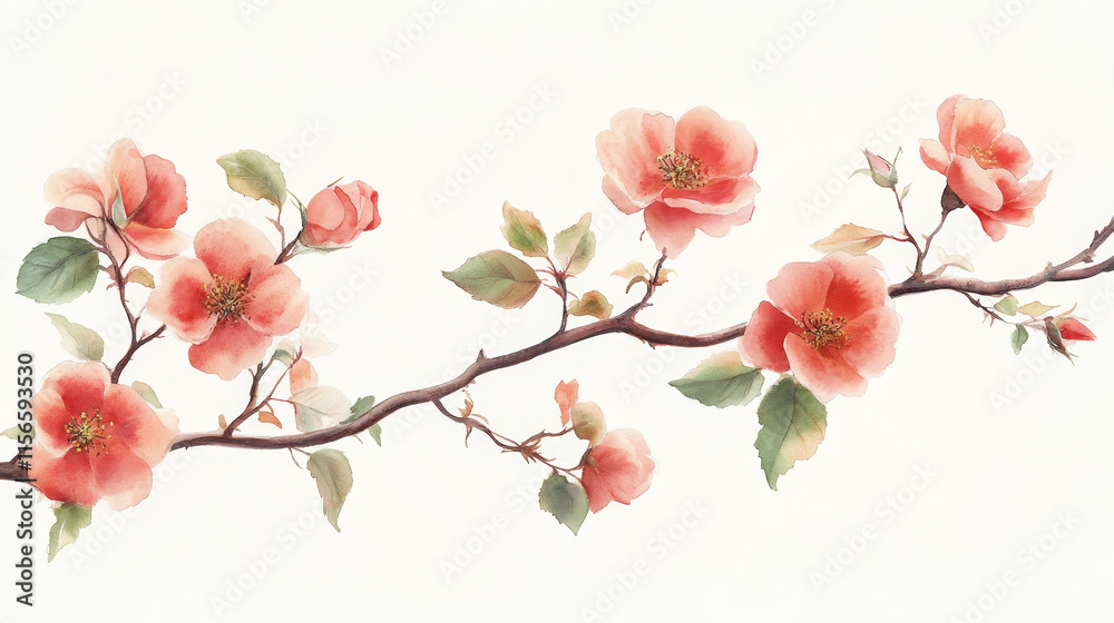 Fototapeta premium Delicate floral branch with pink blossoms and green leaves