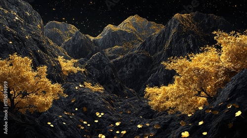 3D Wallpaper Night Landscape with Dark Golden Mountains and Trees

 photo