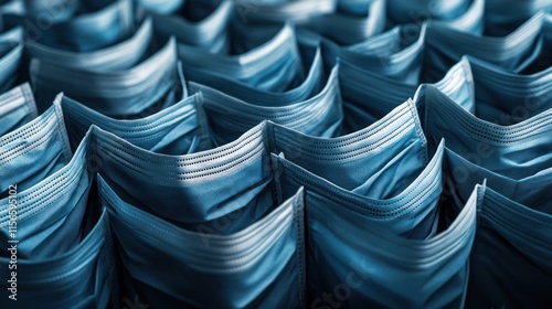 Close-up of rows of blue surgical masks, emphasizing their texture and abundance. The image evokes themes of health, safety, and pandemic preparedness. photo