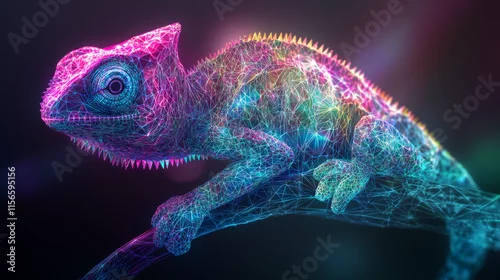 Tapety Hologram chameleon. A chameleon of polygons, triangles, points, and lines. Lizard low-poly compound structure. The technology concept.
