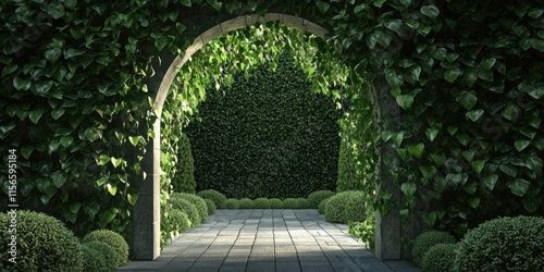 Tranquil garden path featuring an elegant archway adorned with climbing plants and lush greenery creating a serene atmosphere for relaxation