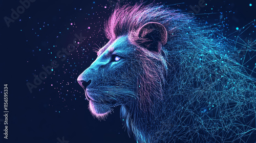 Abstract digital lion in polygons, lines and connected dots. King of beasts. Technology wild concept. Low Poly Wireframe 3D Vector illustration in blue. photo