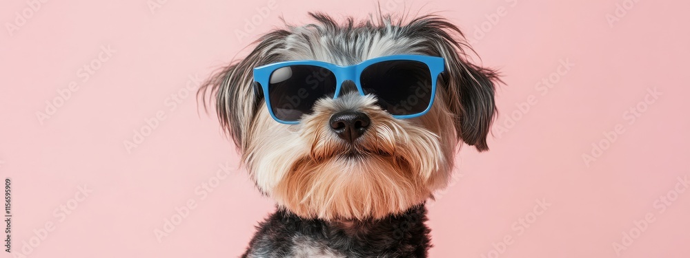 Dog wearing blue sunglasses with a playful expression on a pink background ideal for text overlay and advertising purposes Dog wearing blue sunglasses with a playful expression on a pink background ideal for text overlay and advertising purposes