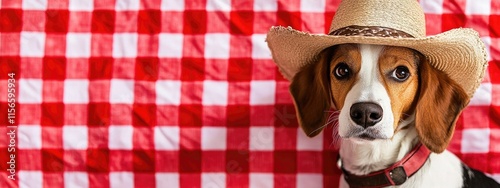 Playful dog in a cowboy hat against a red and white checkered background perfect for festive themes and customizable text space photo