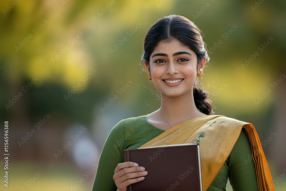 Portrait of a happy young Indian woman in sari holding books in the outdoor Portrait of a happy young Indian woman in sari holding books in the outdoor