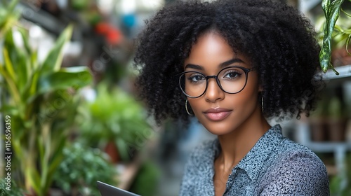 Young Woman With Afro Wearing Glasses In Greenhouse