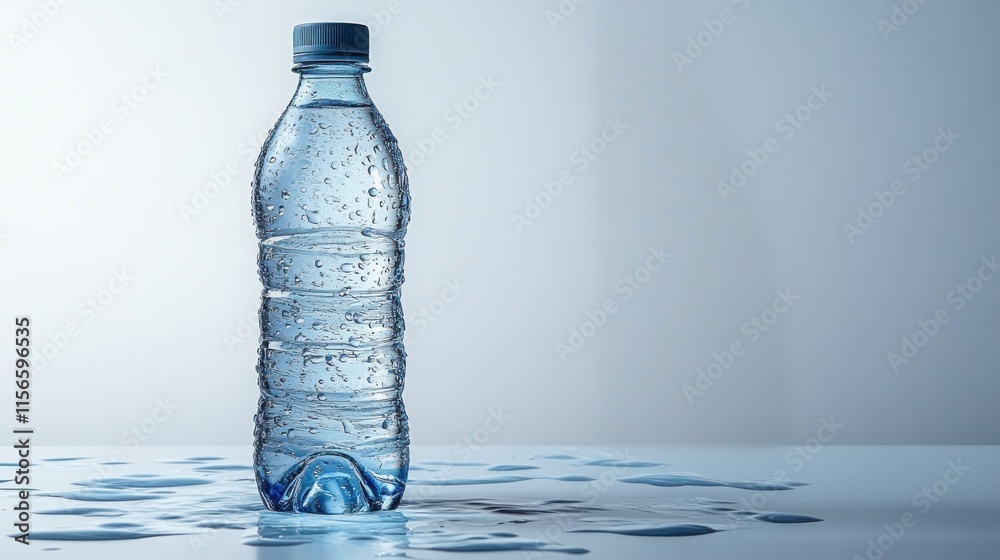 Cold water bottle with condensation on a surface. Cold water bottle with condensation on a surface.