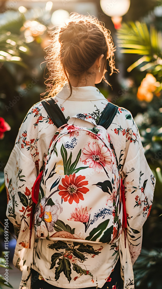 Floral Backpack & Kimono, Woman's Style in Garden, Enjoying Nature's Beauty Calmly. Floral Backpack & Kimono, Woman's Style in Garden, Enjoying Nature's Beauty Calmly.
