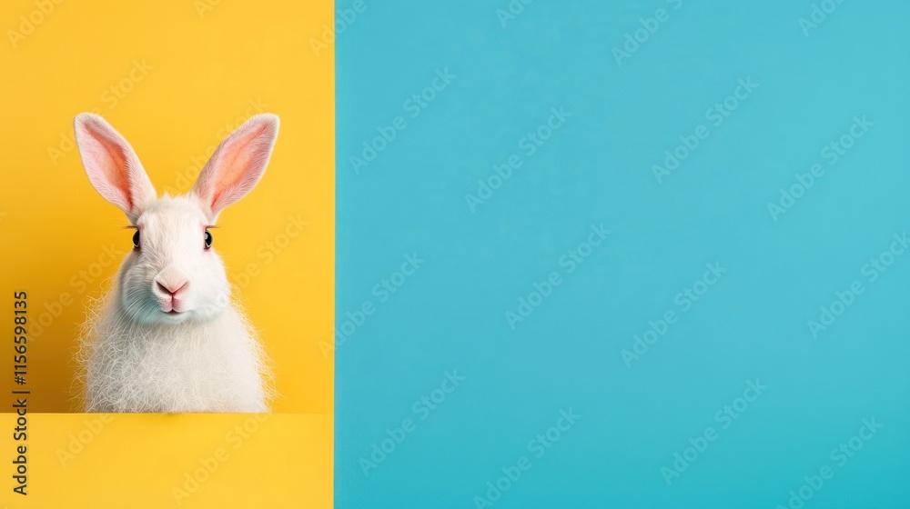 Obraz premium Easter Bunny Rabbit Holding Signboard on Yellow and Blue Banner Background