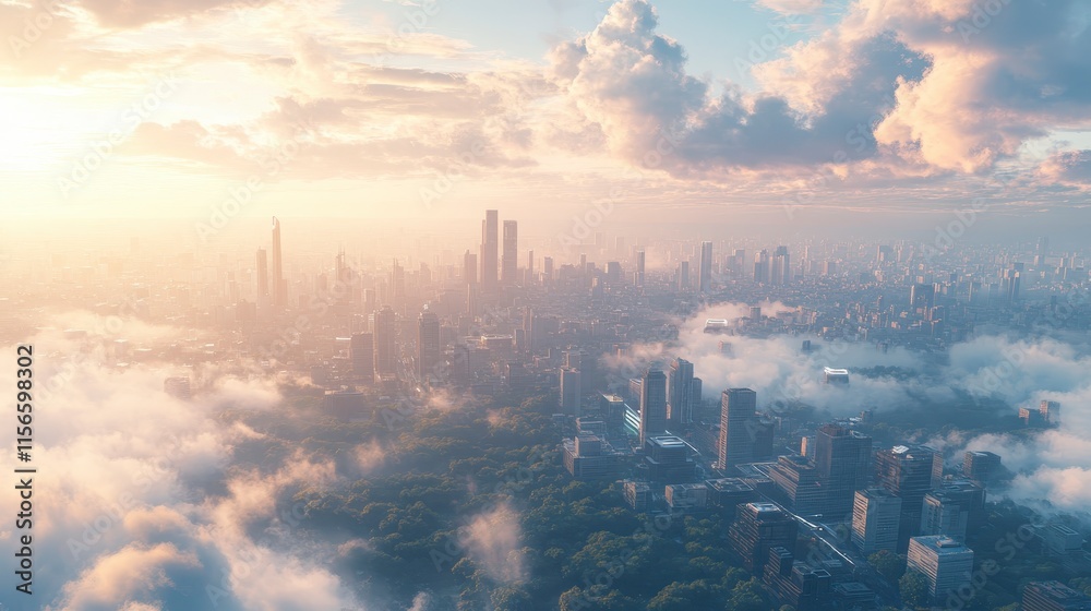 Fototapeta premium A breathtaking aerial view of a city skyline at sunrise, surrounded by clouds and greenery, showcasing towering buildings and a serene atmosphere.