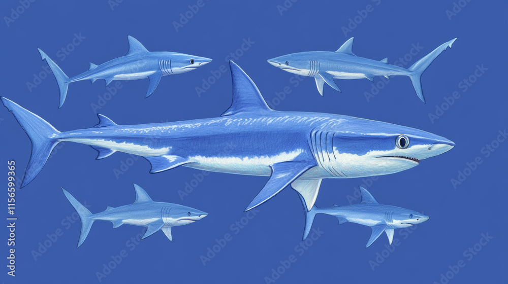 Vector seamless pattern of sharks. Sharks are located randomly on a blue background. Vector seamless pattern of sharks. Sharks are located randomly on a blue background.