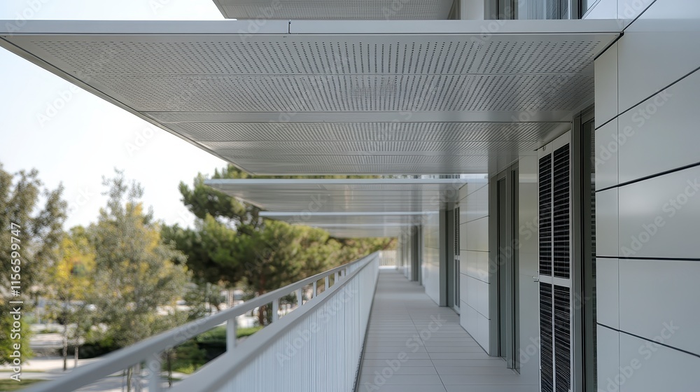 Fototapeta premium A modern balcony features sleek lines and a shaded overhang, surrounded by greenery and an inviting atmosphere.