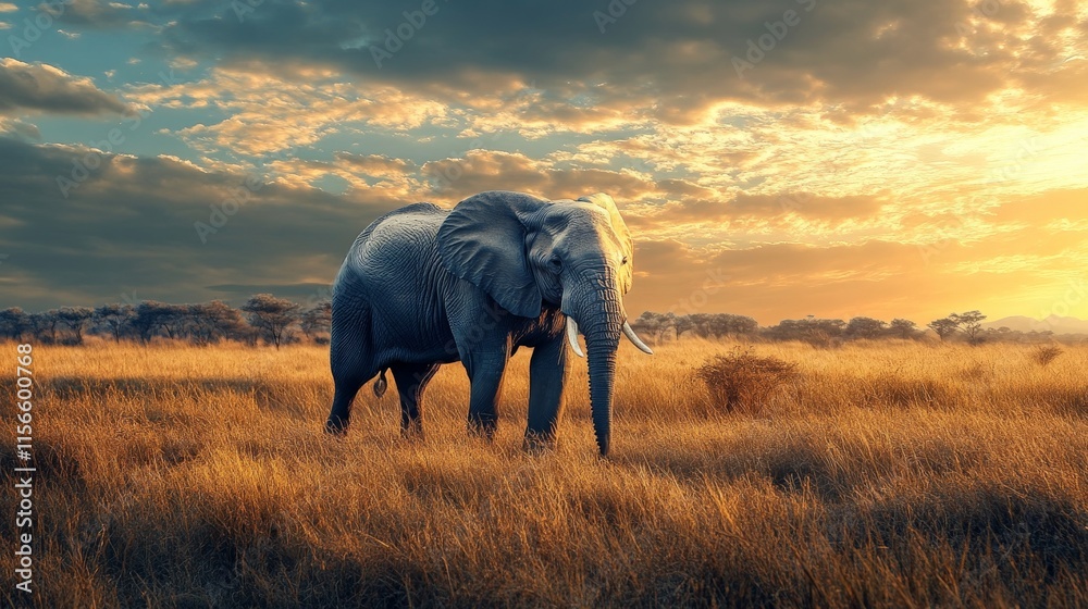 Naklejka premium Majestic African Elephant at Sunset in the Savannah